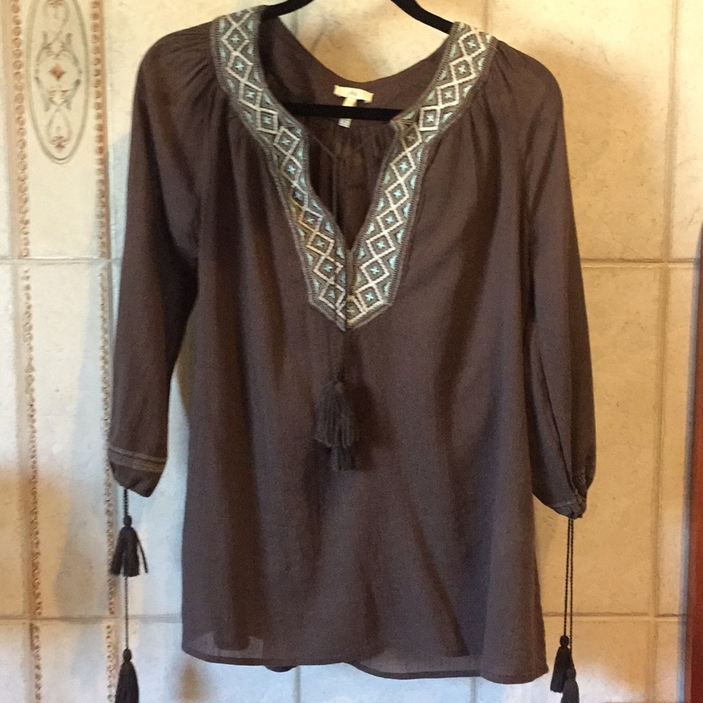 Joie brown boho embroidered peasant top blouse